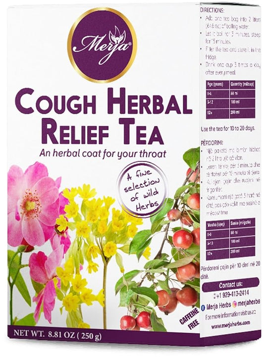 Merja Herbs Cough Relief Herbal Tea [250g] Caffeine-Free Tea for Cough & Cold Relief, Sore Throat & Cough Support | Mediterranean Loose Tea | Herbal Teas & Beverages, Pack of 1