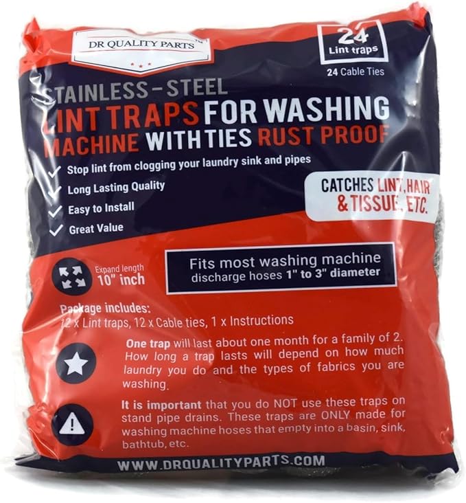 Washing Machine Lint Trap – Stainless Steel Hose Filter, Mesh Drain Catcher, Washer Sock Lint Remover, Rust-Free Snare Laundry Filter with Nylon Cable Ties, 29cmx6.5cm – 24-Pack