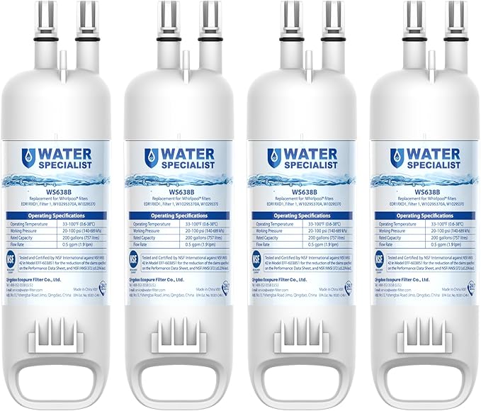 Waterspecialist EDR1RXD1 Water Filter,Replacement for W10295370A, Everydrop® Filter 1, EDR1RXD1B, P8RFWB2L, P4RFWB, Kenmore® 46-9081, 46-9930, WS638 Refrigerator Water Filter, 4 Filters
