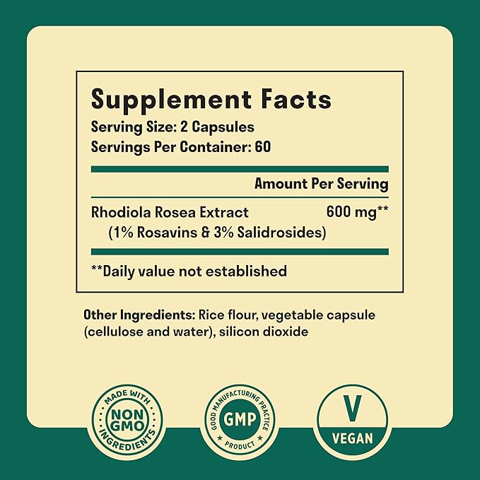 Rhodiola Rosea 600 mg | 60 Servings | Ultra Potent Rhodiola Supplement with 3% Salidroside & 1% Rosavins for Stress Support, Mood Support & Energy - Adaptogens for Calm & Focus - Gluten Free & Non-GMO