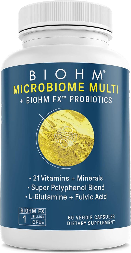 BIOHM Multivitamin for Women & Men, Microbiome Multi with Probiotics (60 Capsules, 30 Servings) 21 Vitamins & Minerals, Green Tea, Glutamine & Antioxidants, Non-GMO, Gluten Free, Vegetarian