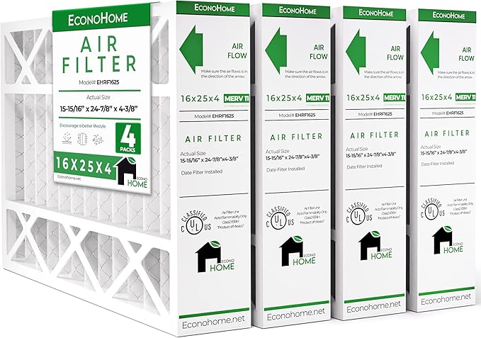 EconoHome 16x25x4 AC Furnace Pleated Air Filter MERV 11 Replacement – Allergen Defense, 4 Pack, Fits Lennox (X6670), Honeywell (FC100A1029) filters. (Actual size: 15.94 x 24.86 x 4.36 Inches)
