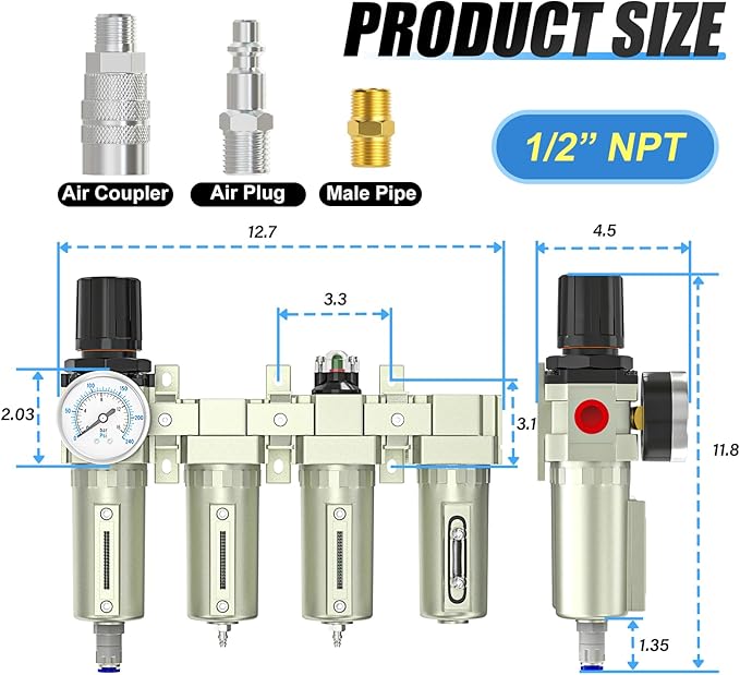 1/2" NPT Heavy Duty Industrial Grade 4 Stage Air Drying System,Auto Drain,Coalescing Filter,Double Particulate Filter,Desiccant Dryer and Air Regulator For Plasma Cutter and Paint Spray