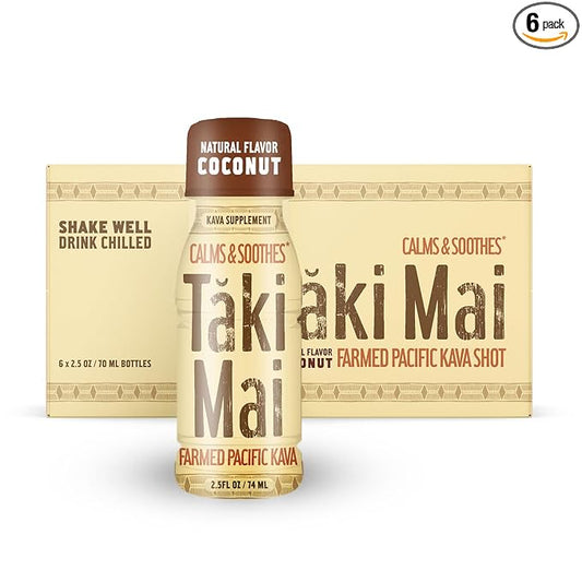 Taki Mai Coconut Kava Kava 2.5 oz (6-pack) Shots – Noble Kava Root Drink, Ready to Drink for Stress Support & Relaxation, Fast Acting Herbal Support for Calming Better Sleep and Balanced Mood