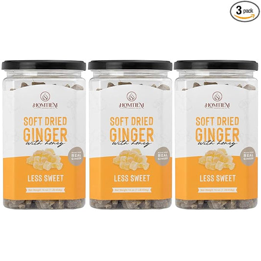 Homtiem Dried Crystallized Ginger Less Sweet & Less Sugar 3 Ib (16 Oz pack 3)Soft and Chewy Delicious Dried Gingers, No Artificial Colors ,Easy to eat, Easy to keep, Easy to use, Perfect for Cooking