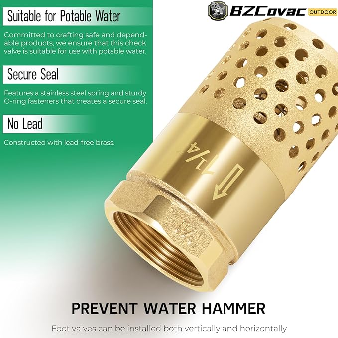 1-1/4 Inch Foot Valve with Mesh Strainer, Universal One-Way Female NPT Check Valve with Backflow Prevention, Lead-Free Brass Construction for Well Jet Pumps, Irrigation, and Water Systems