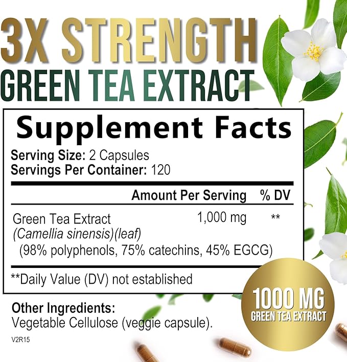 Green Tea Extract Capsules 1000mg with 98% Standardized Polyphenols & 45% EGCG for Heart Support with Antioxidants - 3X Absorption Green Tea Pills for Natural Energy, Gentle Caffeine - 240 Capsules