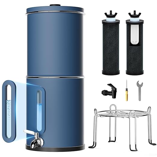 Purewell 2.25G Gravity Water Filter System with Water Level Window, 3-Stage 0.01μm Ultra-Filtration Stainless Steel Countertop System with 2 Filters and Stand, Reduce 99% Chlorine, PW-KS