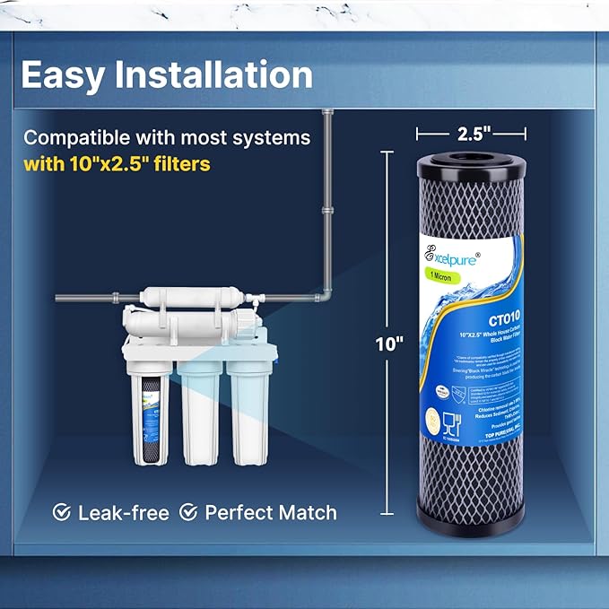 1 Micron 10" x 2.5" Whole House CTO Carbon Water Filter Cartridge Replacement for Home Countertop System, Dupont WFPFC8002, WFPFC9001, FXWTC, SCWH-5, WHEF-WHWC, WHCF-WHWC, CTO10, T01, 3PACK