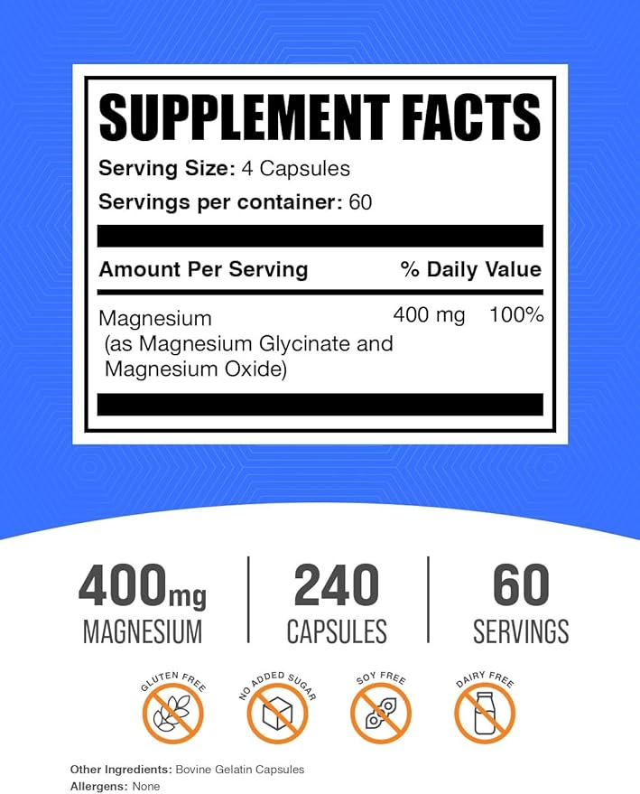 BulkSupplements.com Magnesium Glycinate Capsules - Magnesium Supplement, Highly Absorbed Form - Gluten Free, 4 Capsules per Serving (400mg), 240 Count (Pack of 1)