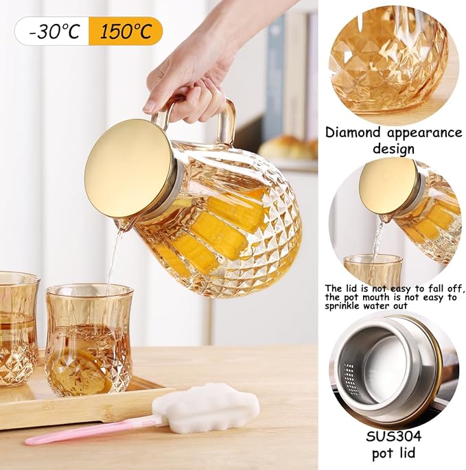 Glass Pitcher With Lid, Amber Color, Diamond Pattern, Borosilicate Glass, Stainless Steel Lid, Glass Kettle for Tea, Milk, Hot and Iced Beverages, 2000ml, 68oz, WONCRYS