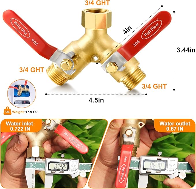Garden hose splitter, full-flow, heavy-duty brass 2-way high flow, outdoor faucet Y-valve closure diverter connector, garden hose high-flow diverter adapter. (2-Way Full Flow 1PCS)