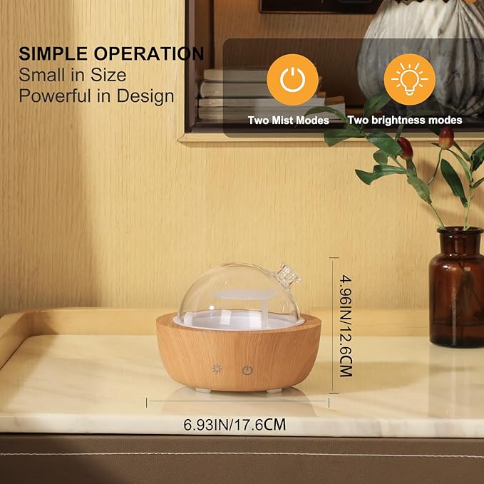 Glass Essential Oil Diffusers for Home, Wood Grain Base Humidifier, Decorative Bedroom Aromatherapy Scent Air Diffuser Ultrasonic Aroma Defusers 200ml