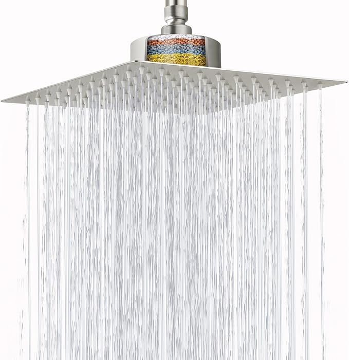 Large Rain Shower Head with Filtered - 12" All Metal Square Rainfall Showerhead Filter for Remove Chlorine and Harmful Substances, Brushed Nickel