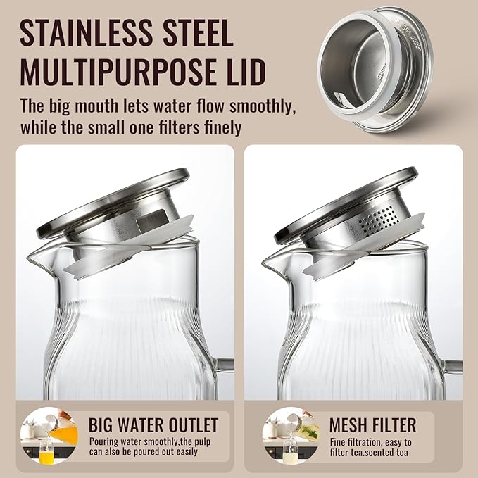 2 Pack 2 Liter/68 oz Square Glass Pitcher with Lid, Classic Stripes Water Pitchers with Handle for Fridge, Large Jug for Iced Tea, Coffee, Borosilicate Glass Carafe for Hot/Cold Brew Drink, Silver