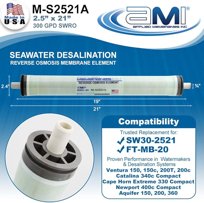 2.5" x 21" Seawater RO Membrane | Watermaker Replacement Membrane | Applied Membranes M-S2521A 300 GPD SWRO (2.5" x 21")