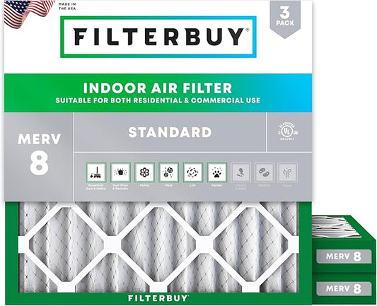 Filterbuy 24x24x2 Air Filter MERV 8 Dust Defense (3-Pack), Pleated HVAC AC Furnace Air Filters Replacement (Actual Size: 23.38 x 23.38 x 1.75 Inches)