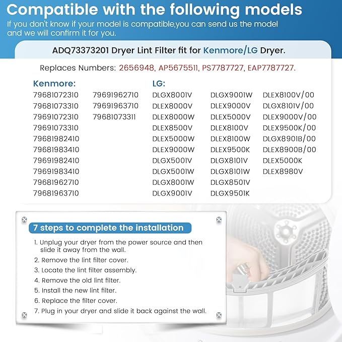 [2025 NEW] ADQ73373201 Dryer Lint Filter Assembly with Clothes Dryer Cleaner Brush Fit for Kenmore LG(DLEX DLGX) Dryer - Dryer Lint Screen Replaces 2656948 AP5675511 PS7787727 EAP7787727 by puxyblue