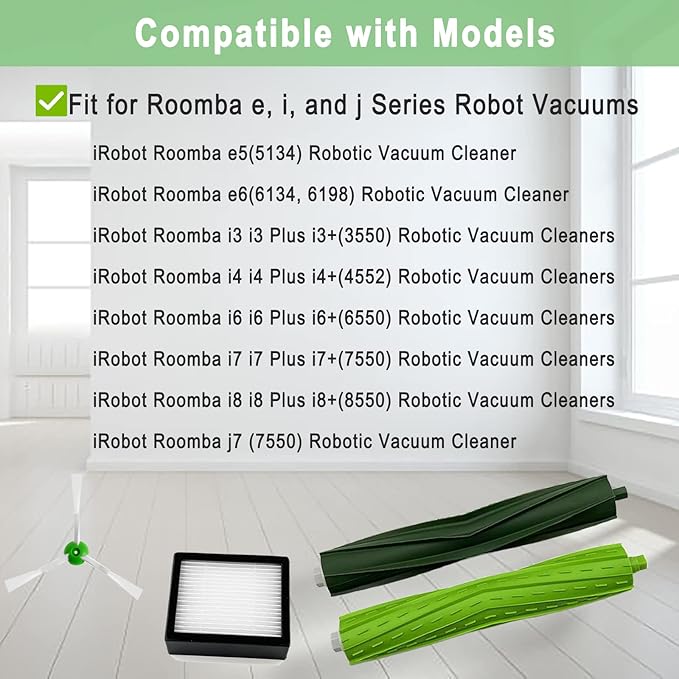roomba i7 replacement parts for irobot Roomba i3 i3+ i4 i6 i6+ i7 i7+ i8 i8+/Plus E5 E6 E7 J7 I,E &J Series vacuum cleaners, 3 set of rubber brushes 10 filters 10 side brushes