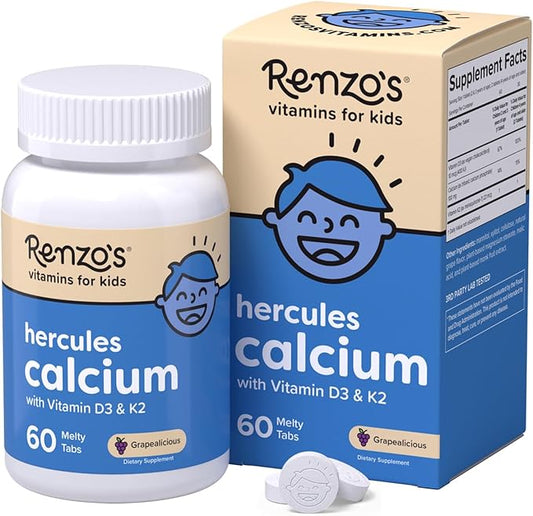 Renzo's Hercules Calcium Supplement with Vitamin D3 and K2, Dissolvable, for Ages 2+, Kids Vitamins, 60 Grape-Flavored Melty Tabs