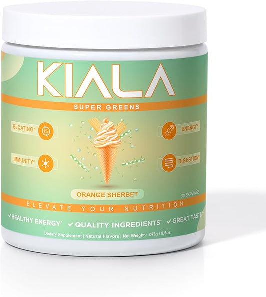 Kiala Nutrition Super Greens, Organic Greens Powder with Spirulina & Chlorella for Digestion, Gut Health, Immunity, Energy, Gluten Free, Vegan, Sugar Free, Spectra Blend, Orange Sherbet, 30 Servings