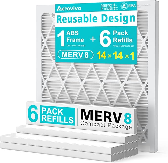 14x14x1 Refillable Air Filter Kit, MERV 8, 1 Reusable Frame ＆ 6 Refills, Fits Most AC HVAC Furnace Devices, Actual Size 13.75x13.75x0.75in