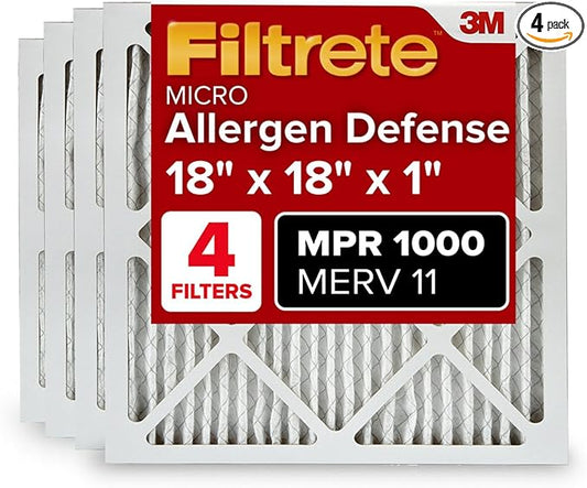 Filtrete 18x18x1 AC Furnace Air Filter, MERV 11, MPR 1000, Micro Allergen Defense, 3-Month Pleated 1-Inch Electrostatic Air Cleaning Filter, 4 Pack (Actual Size 17.81 x 17.81 x 0.81 in)