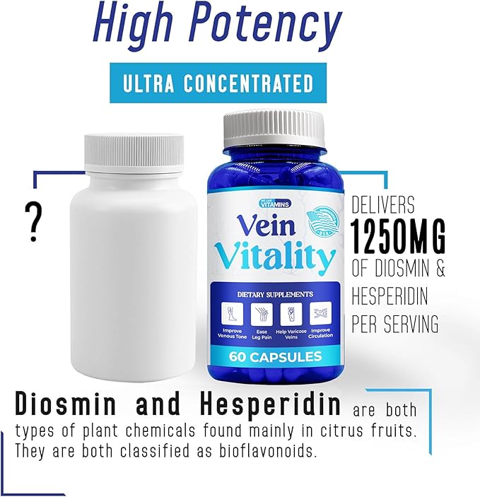 We Like Vitamins Vein Vitality 1250mg Diosmin Hesperidin Complex for Varicose Veins Treatment, Horse Chestnut, Butchers Broom, Bioflavonoids - Supports Blood Circulation for Leg Veins- 60 Capsules