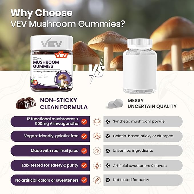 VEV Mushroom Gummies for Adults - 12x Mushroom Supplement with Lions Mane, Reishi, Cordyceps, and Turkey Tail - Ashwagandha - 90 Vegan Gummies