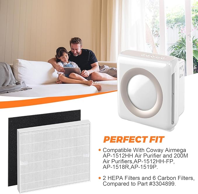 2 Pack AP-1512HH Replacement Filter for Coway Airmega Filter AP-1512HH 200M Coway Air Purifiers by Blutoget - AP-1512HH-FP AP-1518R AP-1519P-2 HEPA Filters and 6 Carbon Filters-Part #3304899