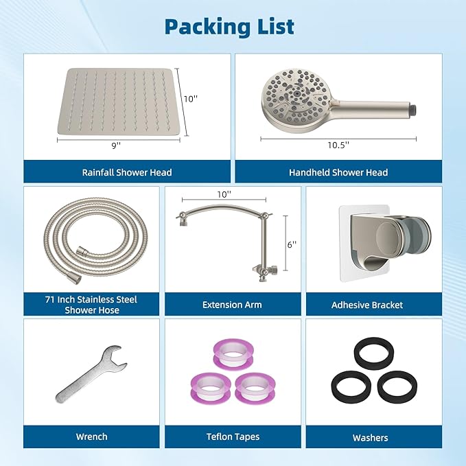 Hibbent All Metal Shower Head, 10'' High Pressure Rain Shower Head/Handheld Showerhead Combo with 16'' Adjustable Arc-shaped Extension Arm, 10 Sprays, 71'' Hose, Showerhead Holder, Brushed Nickel