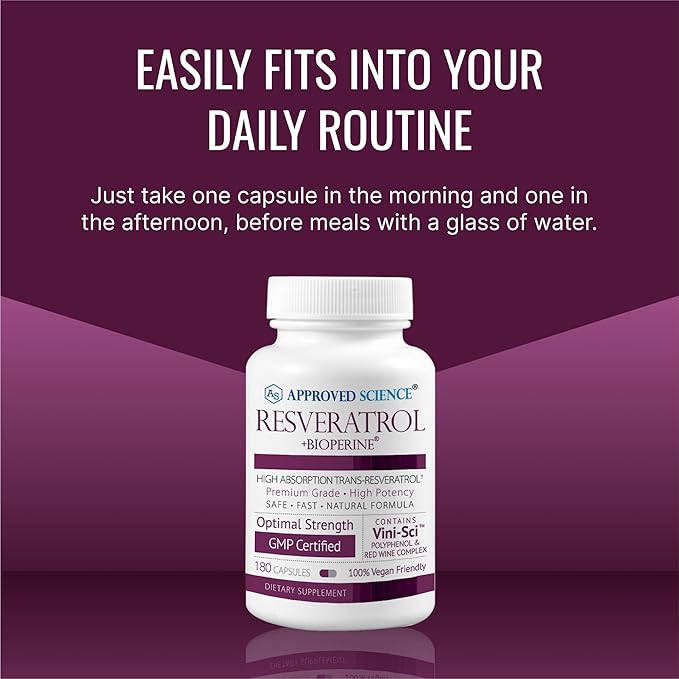 Approved Science® Resveratrol - 1000 mg of Trans Resveratrol - 250 mg of Polyphenol - 98% Purity Level - Includes Bioperine® - 180 Vegan Friendly Capsules - 1 Bottle