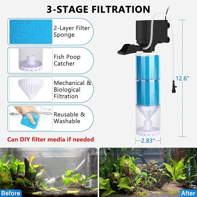 fishkeeper Aquarium Filter, Fish Tank Filter with Adjustable Bubble Output, Ultra Silent Filtration/Oxygenation/Circulation & Physical Sponge Double Filtration for 25 to 75 Gallon Tank