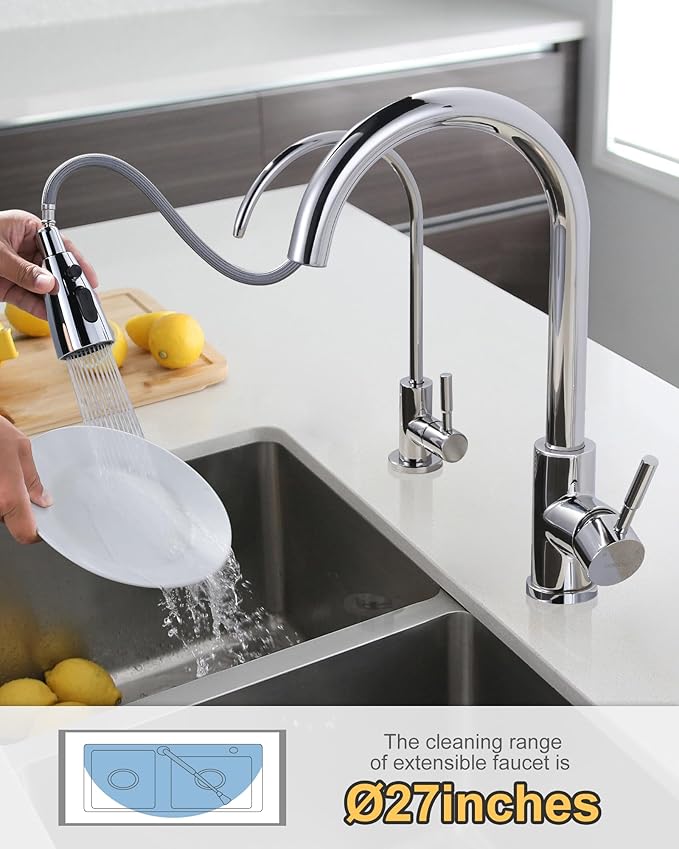 Kitchen Faucet and Water Filter Faucet Combo, WOWOW Stainless Steel Kitchen Sink Faucet with Drinking Water Faucet for Reverse Osmosis or Water Filtration System, Chrome