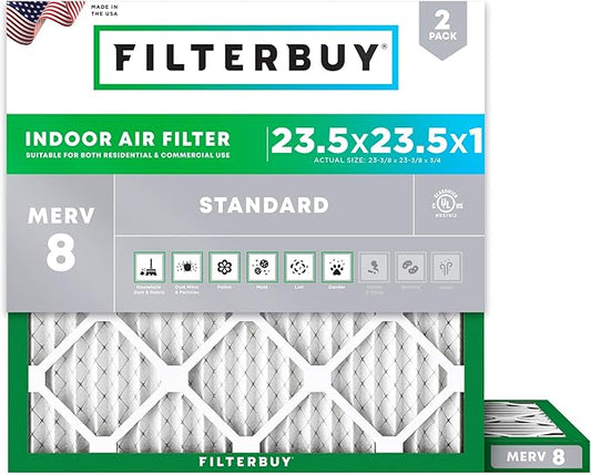 Filterbuy 23.5x23.5x1 Air Filter MERV 8 (MPR 700) Dust Defense Replacement (2-Pack), Electrostatic Pleated HVAC AC Furnace Filters, Made in USA (Actual Size: 23.38 x 23.38 x 0.75)