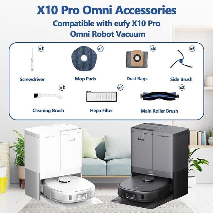 24 Pack X10 Pro Omni Replacement Accessories Kit for Eufy X10 Pro Omni Robot Vacuum Cleaner, 2 Main Brushes 4 Hepa Filter 4 Mop Pads 6 Dust Bags 6 Side Brushes 1 Screwdriver 1 Cleaning Brush