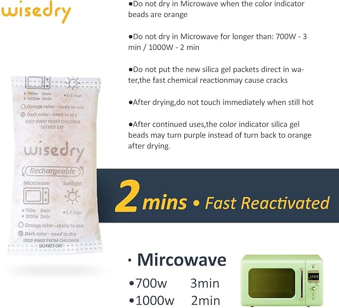 wisedry 50 Gram [6PACKS] Rechargeable Silica Gel Desiccant Packets Fast Reactivate Desiccant Bags Orange to Green indicating for Air Dryer Food Grade