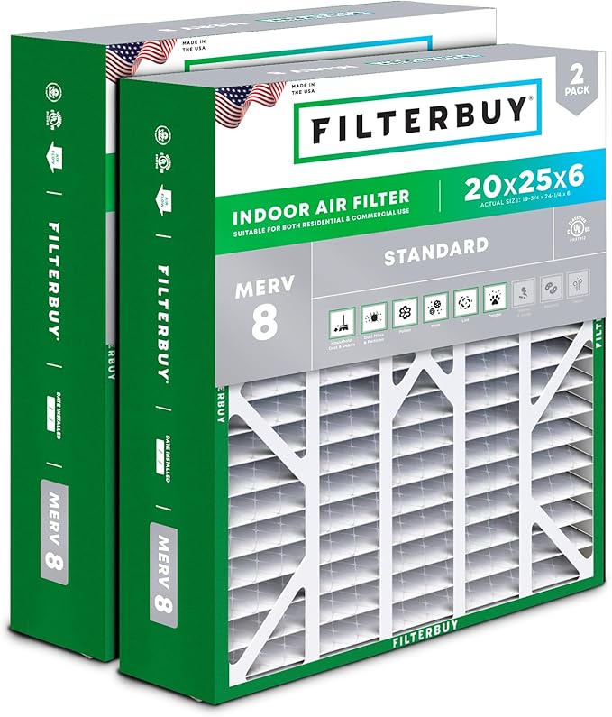 Filterbuy 20x25x6 Air Filter MERV 8 Dust Defense (2-Pack), Pleated HVAC AC Furnace Air Filters for Aprilaire Space-Gard 201/2200 / 2250 & Lennox (Actual Size: 19.75 x 24.25 x 6.00 Inches)