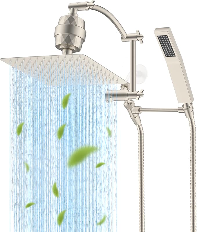 Hibbent Metal 10'' Filtered Rainfall Shower Head with Handheld Combo, High Pressure Shower Wand, 16'' Adjustable Arc Extension Arm, 20 Stage Shower Filter, 71'' Hose, Shower Holder, Brushed Nickel