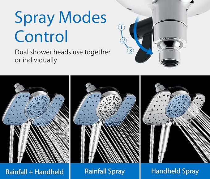 2-in-1 Shower Heads with Handheld 2.5GPM: 10” Rain Shower Head & Hand Held Shower Head, 9 Spray Settings Detachable Shower Head with ON/OFF Switch and 15-Stage Filter
