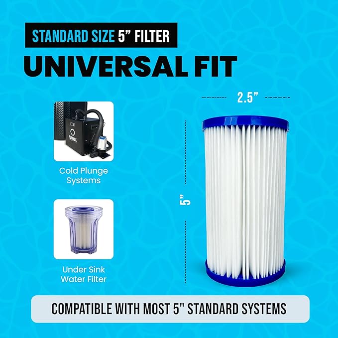 Cold Plunge Water Filter Cartridges, 20 Micron Sediment Filters, 5” Universal Fit (2.5” x 5”), Compatible with Cold Plunge Chillers & Whole Home Systems, Pack of 6