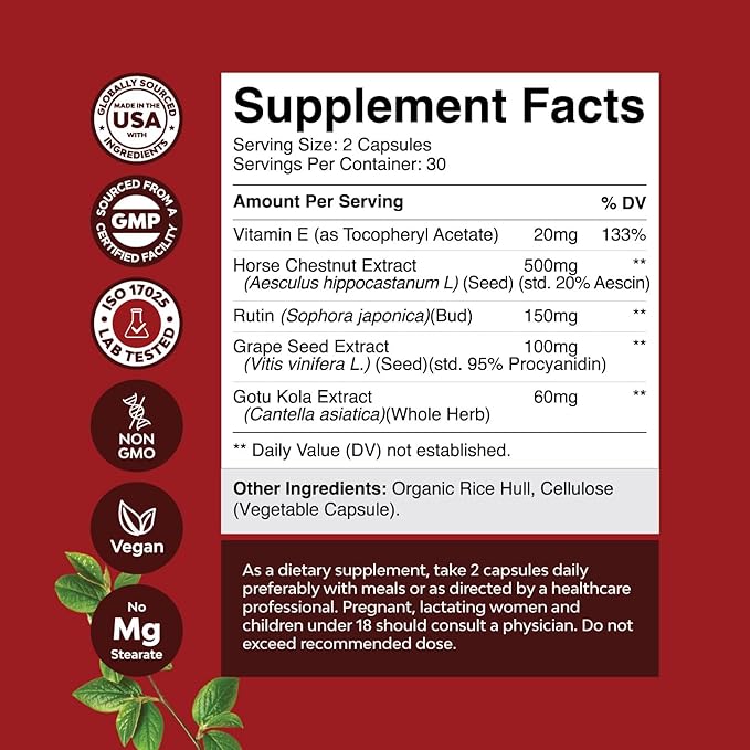 Vein Support Supplements Leg and Veins - Full Body Circulation Supplement for Spider & Varicose Veins and Improved Flow with Horse Chestnut Extract & Flavonoids - Vegan Non-GMO Mini Caps (1 Month)