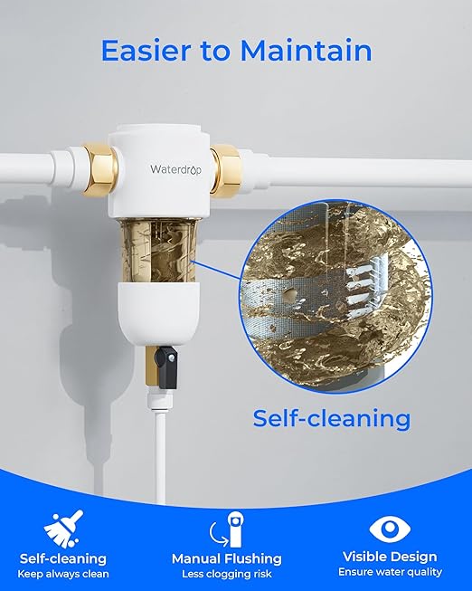 Waterdrop Spin Down Sediment Filter, Reusable Whole House Water Filter System, Flushable Pre-Filter System for City/Well Water, 50 Micron, 1" MNPT + 3/4" FNPT, WD-PF01