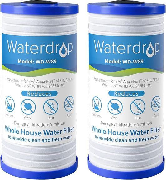 Waterdrop AP810 Whole House Water Filter, Replacement for 3M® Aqua-Pure® AP810, AP801, AP811, Whirlpool® WHKF-GD25BB, WHKF-DWHBB, 5 Micron, 10" x 4.5", Well & Tap Water Filter, Pack of 2