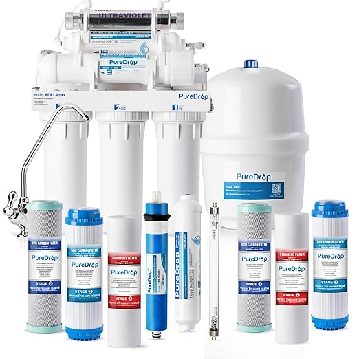 RTW5U Reverse Osmosis Water Filter System with UV Filter, Ultraviolet TDS Reduction RO Water Filtration System, 6-Stage Under Sink Water Filter with Faucet Plus Extra 3 Filters, 50 GPD, White