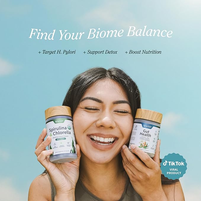 Snap Supplements Gut Health & Spirulina Chlorella Bundle – Turmeric, Aloe, Pylopass Probiotics & Alkalizing Greens Complex – Digestive, Detox & Antioxidant Support – 50 + 120 Capsules