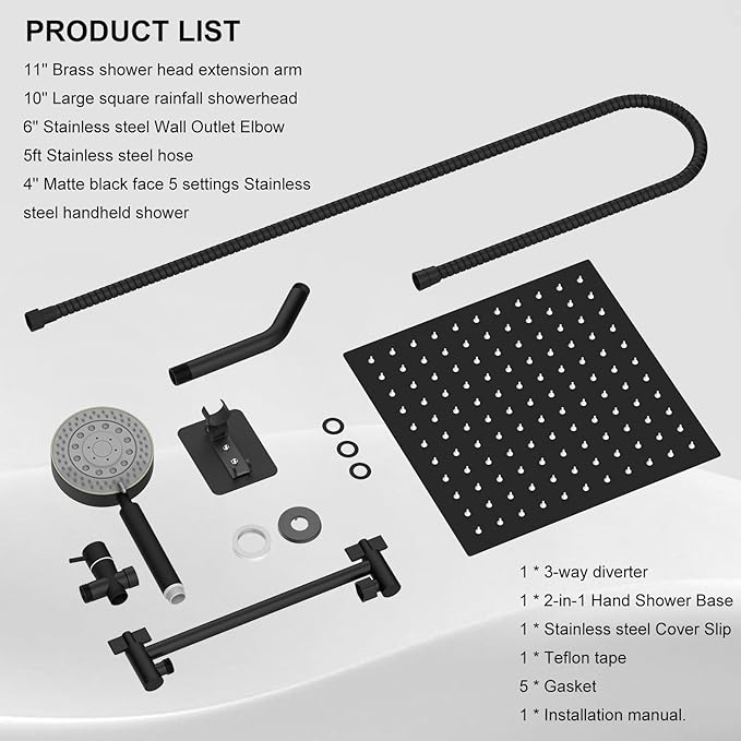 Shower Heads with Handheld Spray Combo 10" Matte Black High Pressure Rain Shower Head 11" Adjustable Extension Arm and 5 Settings Adjustable SUS 304 Handheld Showers, Shower Head Rainfall
