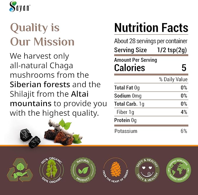 Sayan Siberian Chaga Mushroom Extract with Shilajit Powder (4 oz) – Organic Antioxidant Tea – Immune and Digestion System Support – Fulvic Acid Supplement – Energy & Clarity – No Fillers