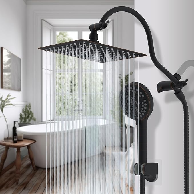 Hibbent All Metal Shower Head, 10'' High Pressure Rainfall Shower Head/Handheld Showerhead Combo with 12'' Adjustable Curved Shower Extension Arm, 10-Spray, 71'' Hose, Shower Holder, Oil Rubbed Bronze