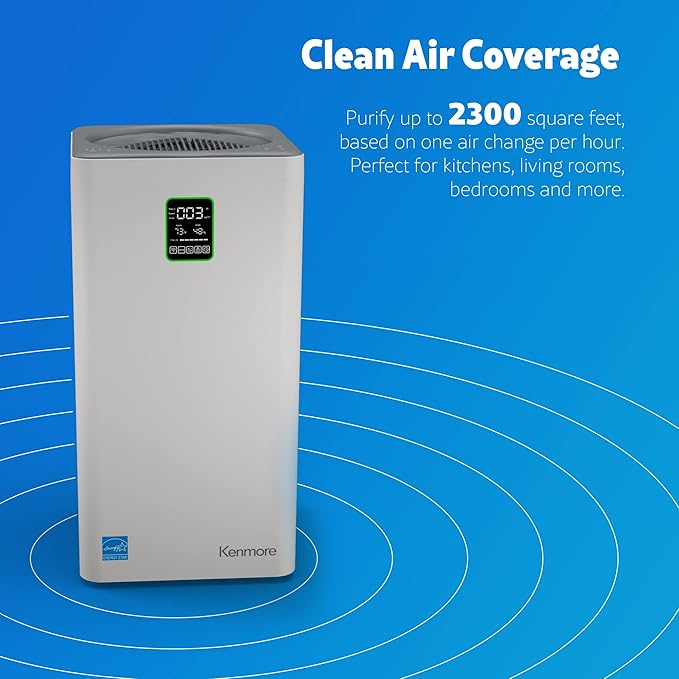 Kenmore PM4030 Air Purifier with H13 True HEPA Filter, Covers Up to 2300 Sq.Foot, 24db SilentClean 3-Stage HEPA Filtration System, 5 Speeds for Home Large Room, Kitchens & Bedroom